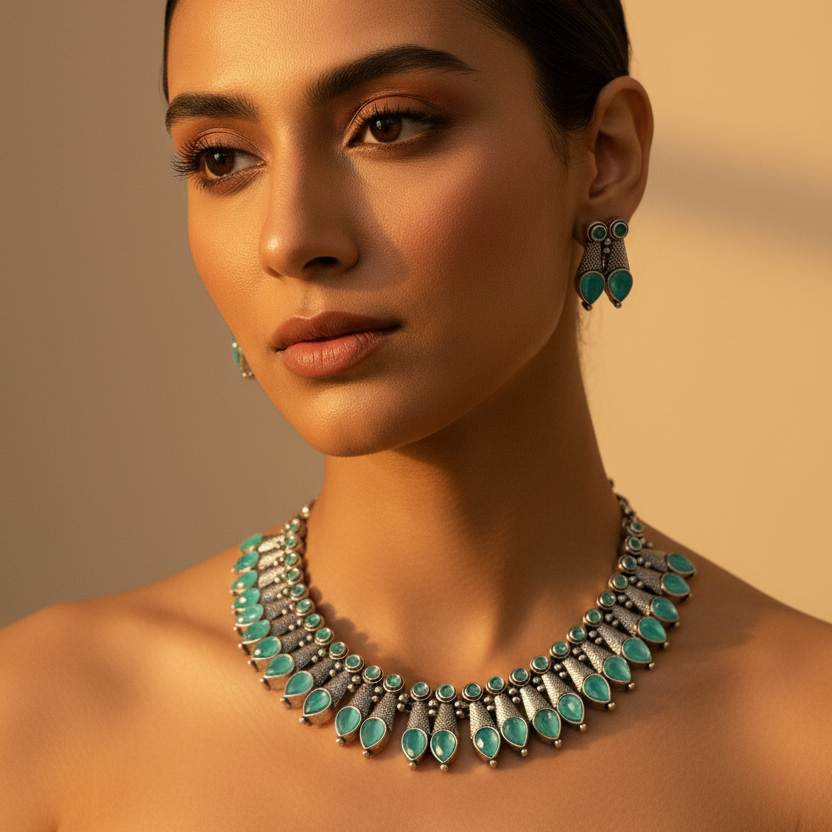 Sea Green Silver Oxidised Necklace Set
