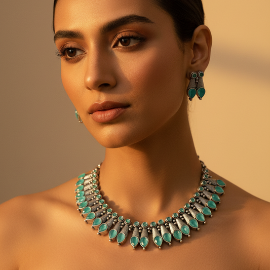 Sea Green Silver Oxidised Necklace Set