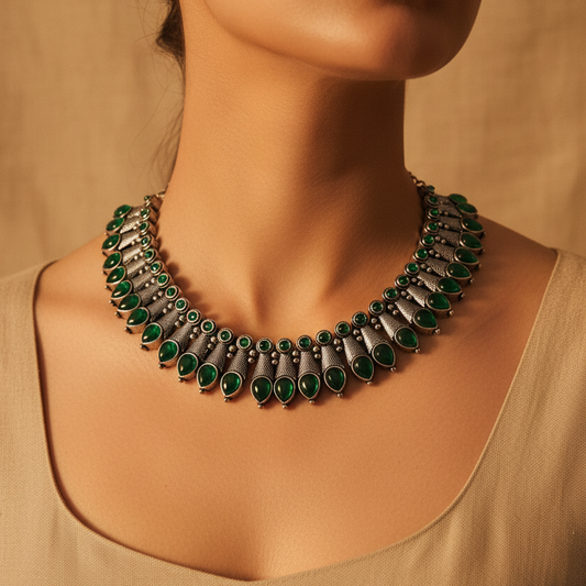 Green Silver Oxidised Necklace Set