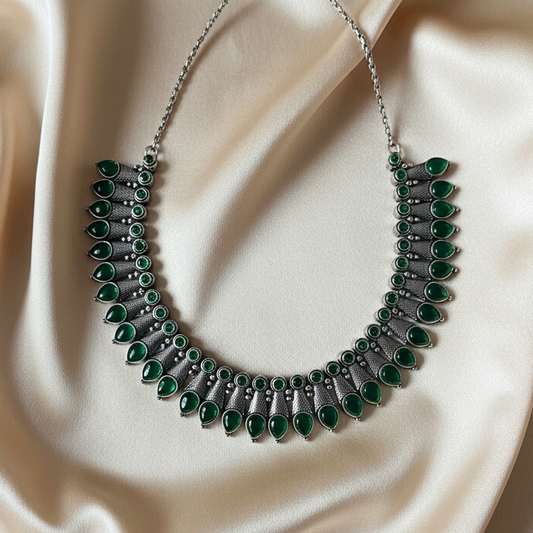 Green Silver Oxidised Necklace Set