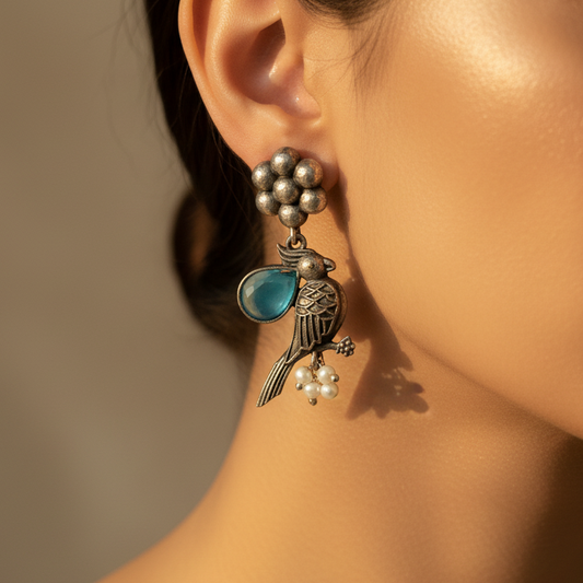Bird Silver Oxidised Earrings