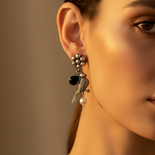 Bird Silver Oxidised Earrings