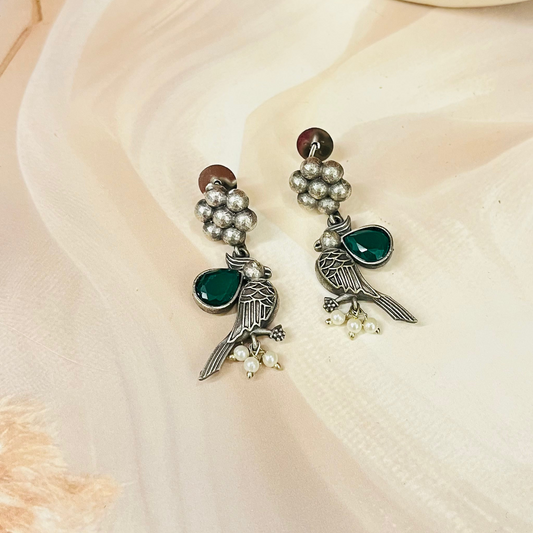 Bird Silver Oxidised Earrings