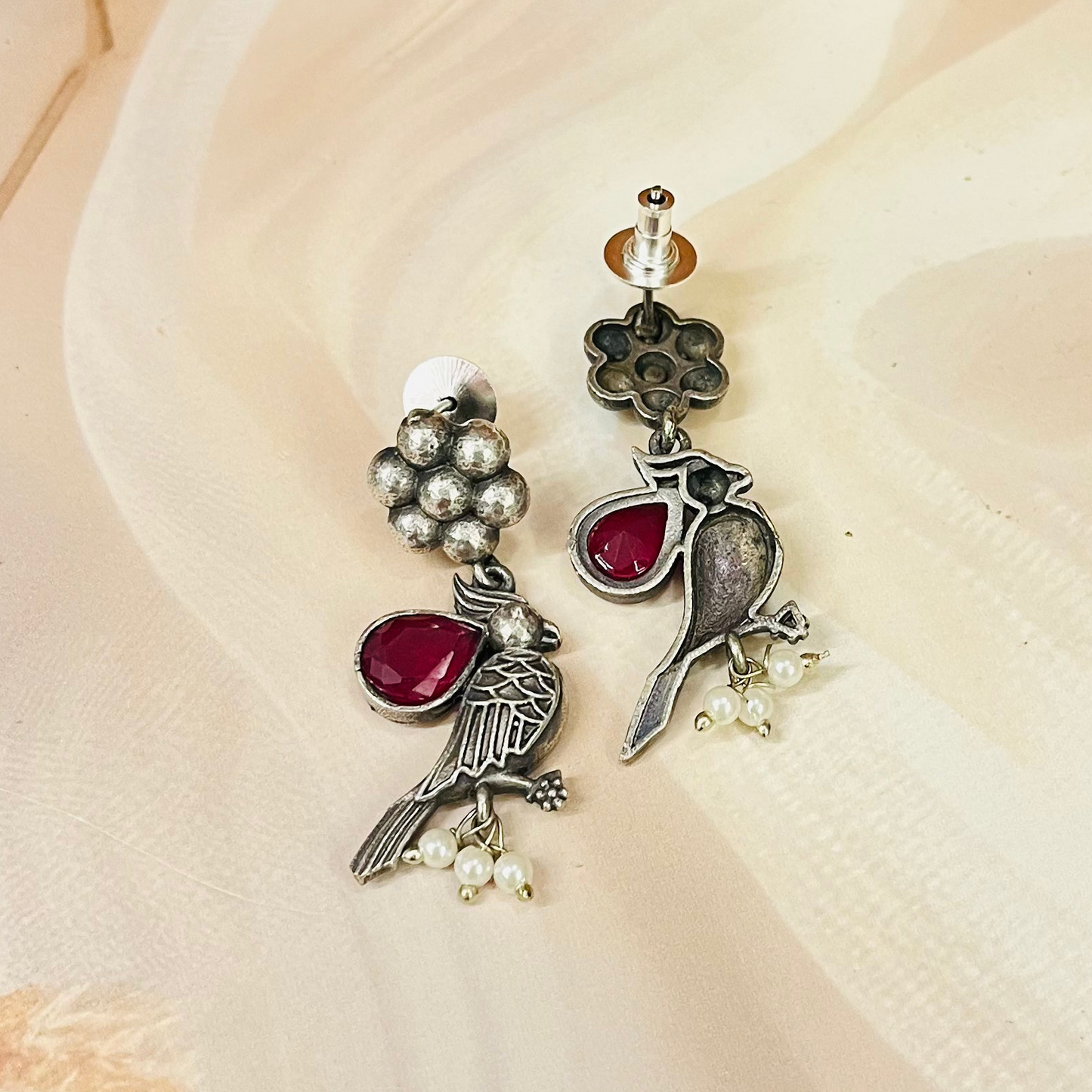 Bird Silver Oxidised Earrings