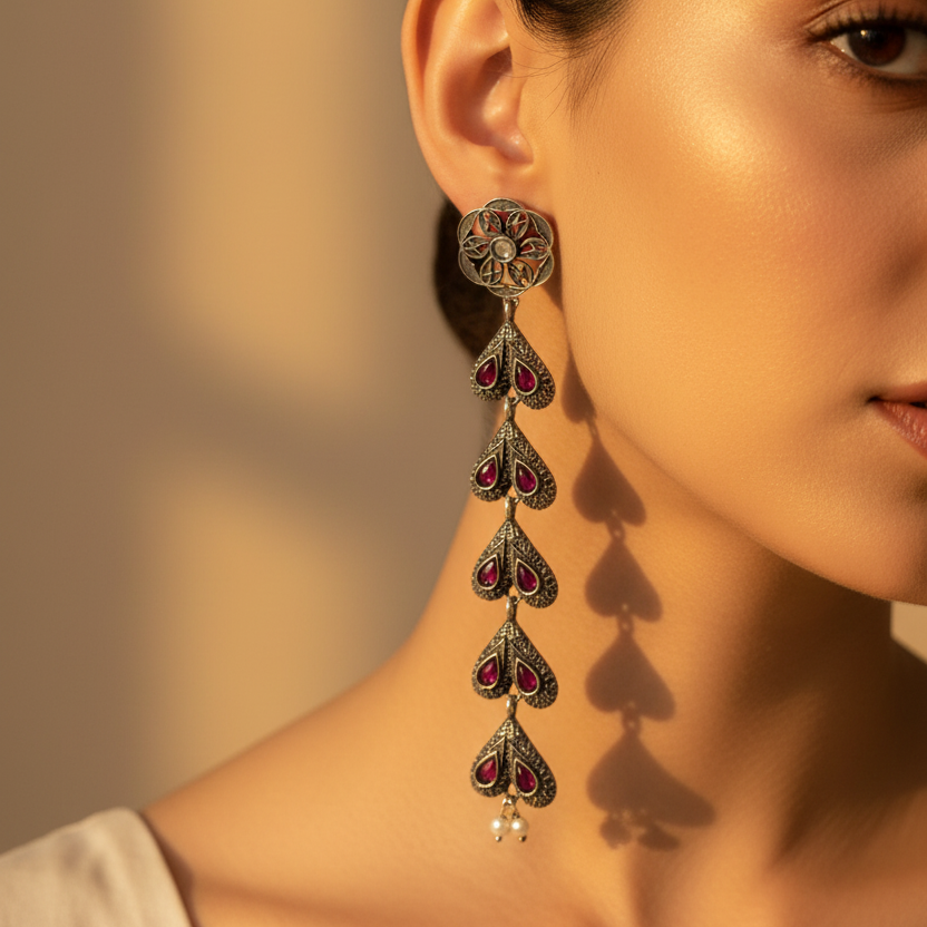 Silver Oxidised Drop Earrings