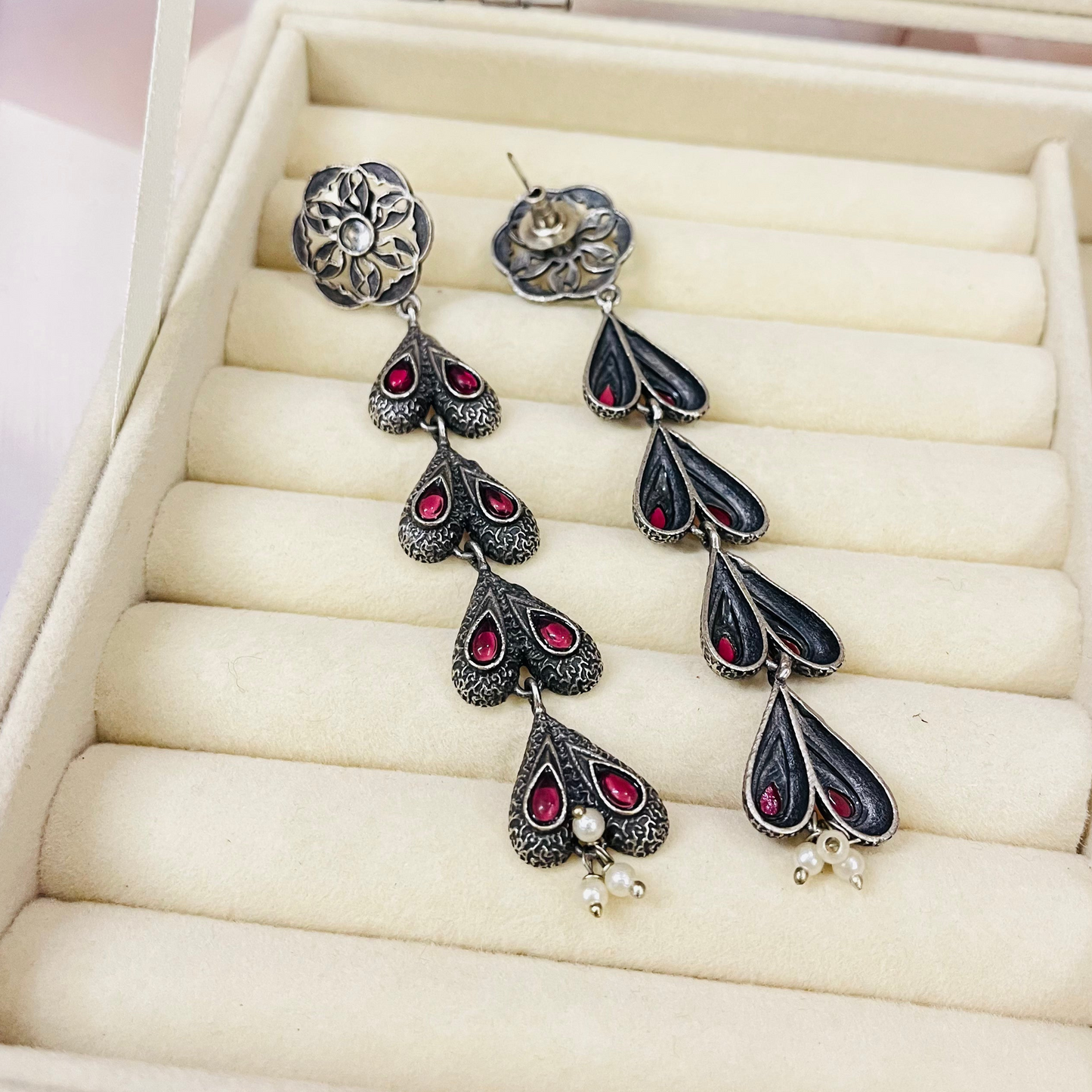 Silver Oxidised Drop Earrings