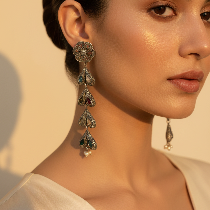 Silver Oxidised Drop Earrings