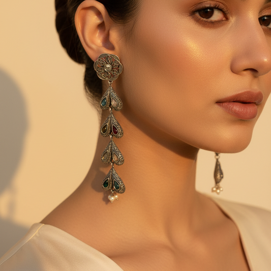 Silver Oxidised Drop Earrings