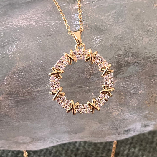 Gold AD Studded Ring Pendant Necklace