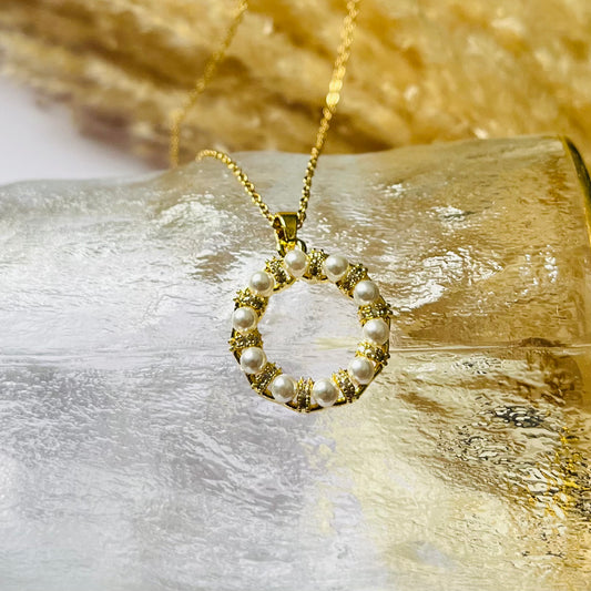 Gold Pearl Studded Ring Pendant Necklace
