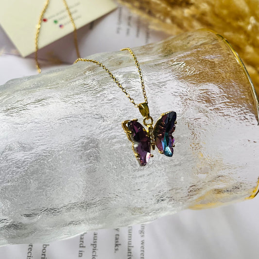 Cystal Purple Pink Butterfly Necklace