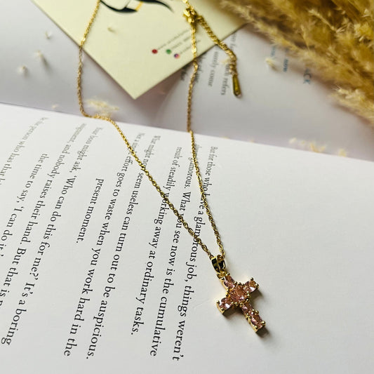 Pink Stone Cross Chain Necklace