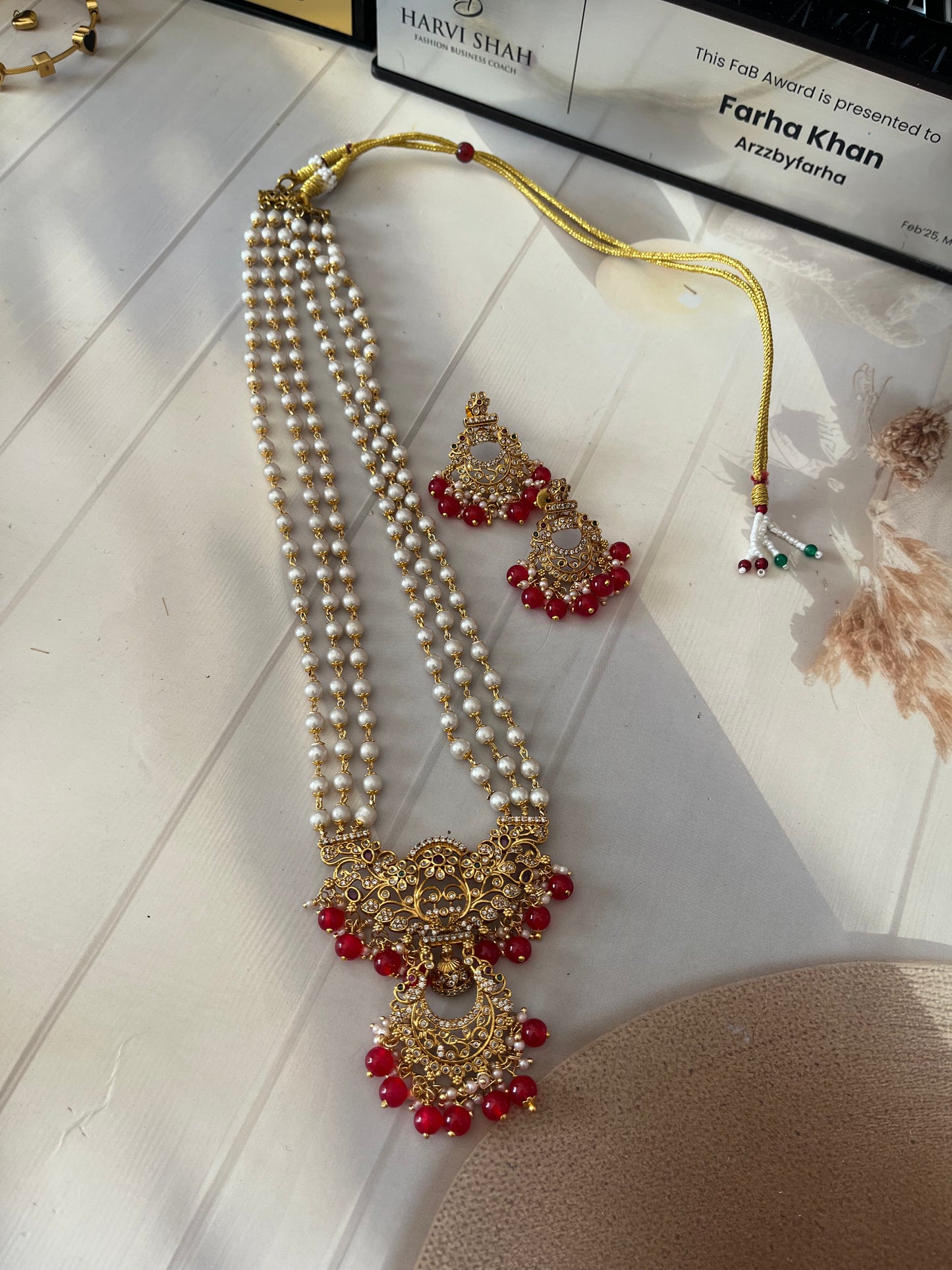 Pearl with AD Long Necklace Set