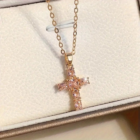 Pink Stone Cross Chain Necklace