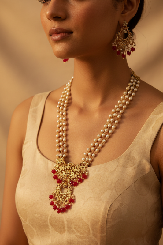 Pearl with AD Long Necklace Set