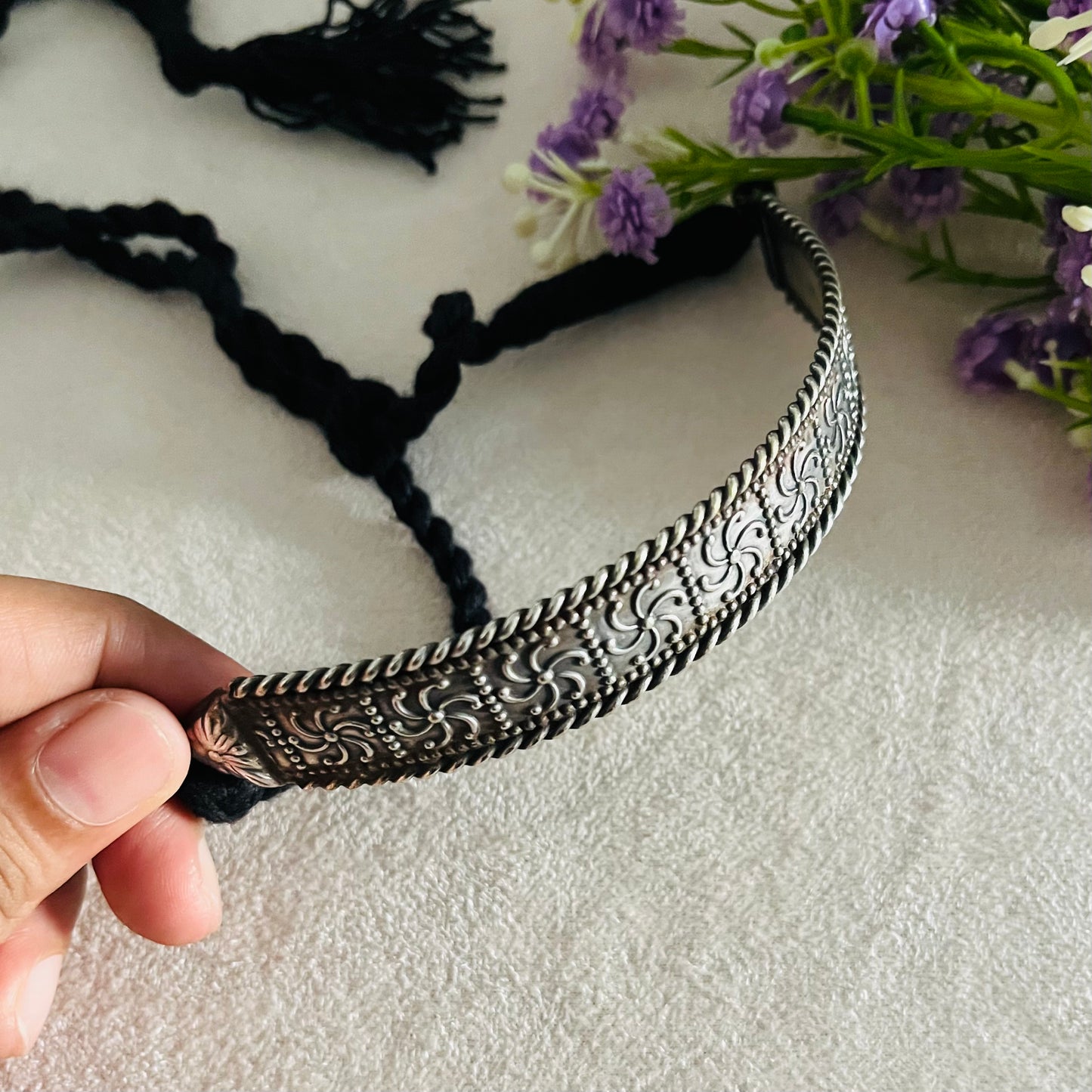 Silver Oxidised Thread Choker Necklace