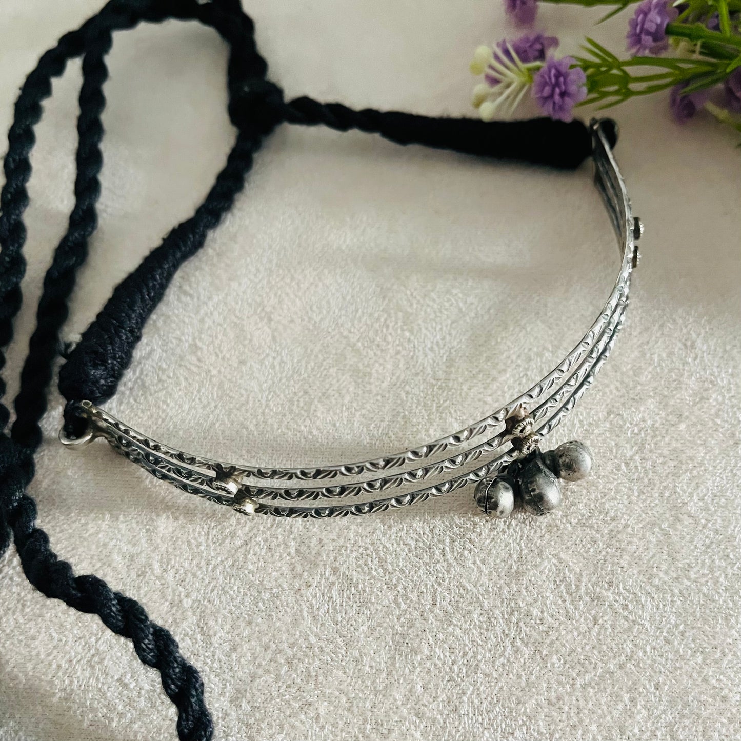 Silver  Oxidised Thread Choker Necklace