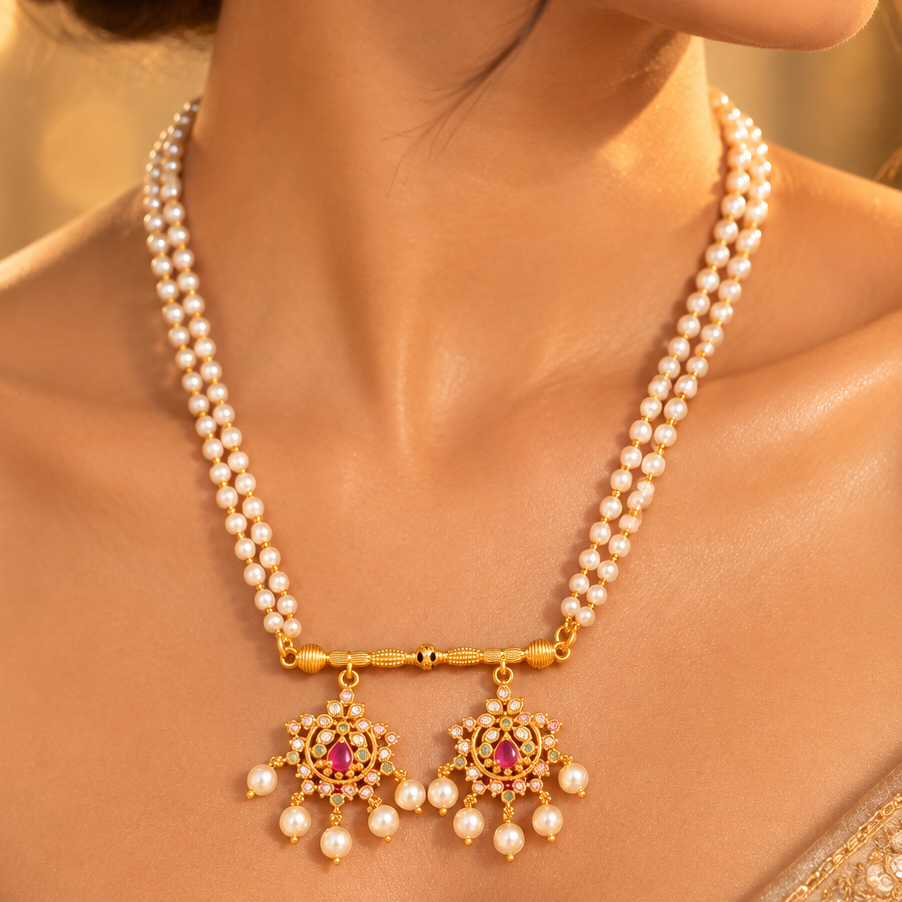 Gold Pendant Pearl Necklace Set