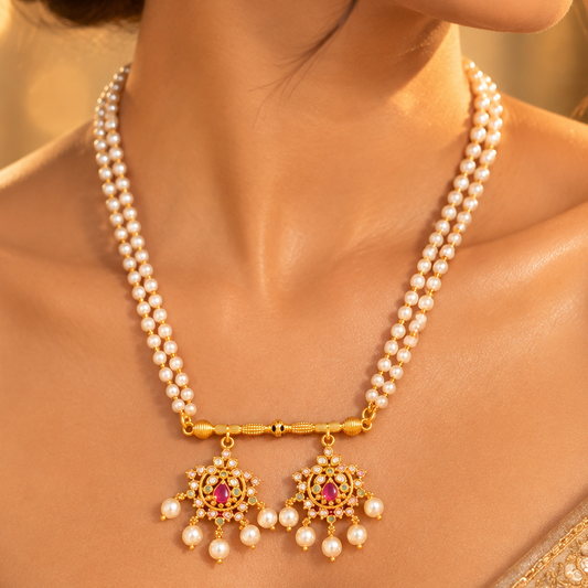Gold Pendant Pearl Necklace Set
