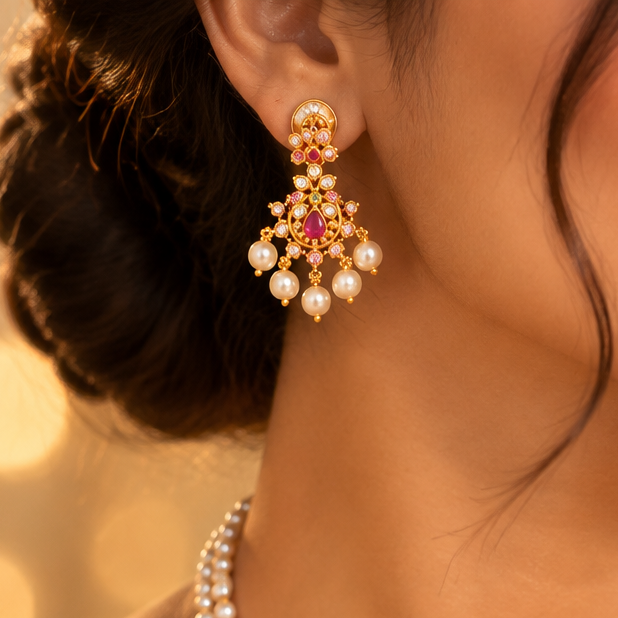 Gold Pendant Pearl Necklace Set
