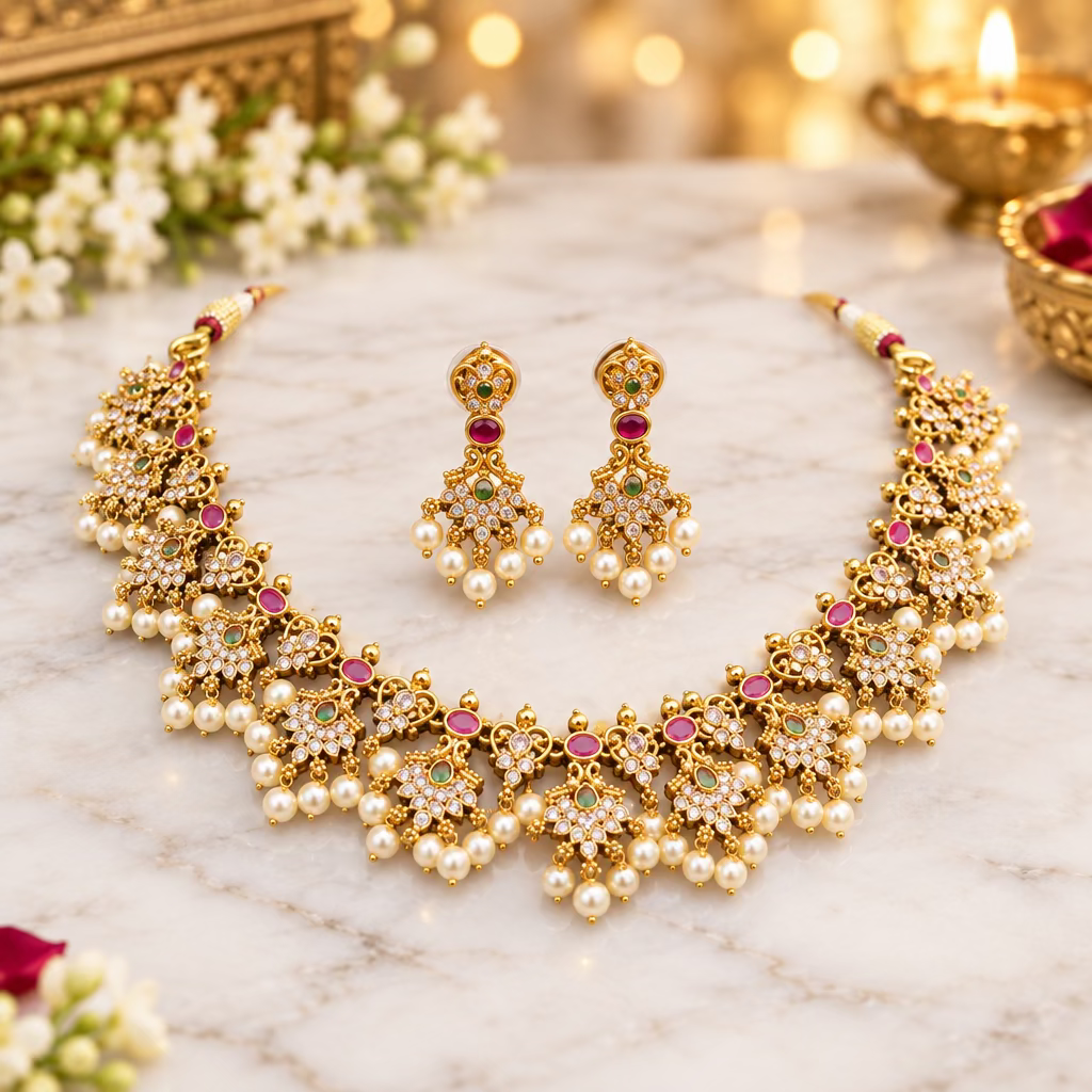 Gold Pearl Hanging Necklace Set