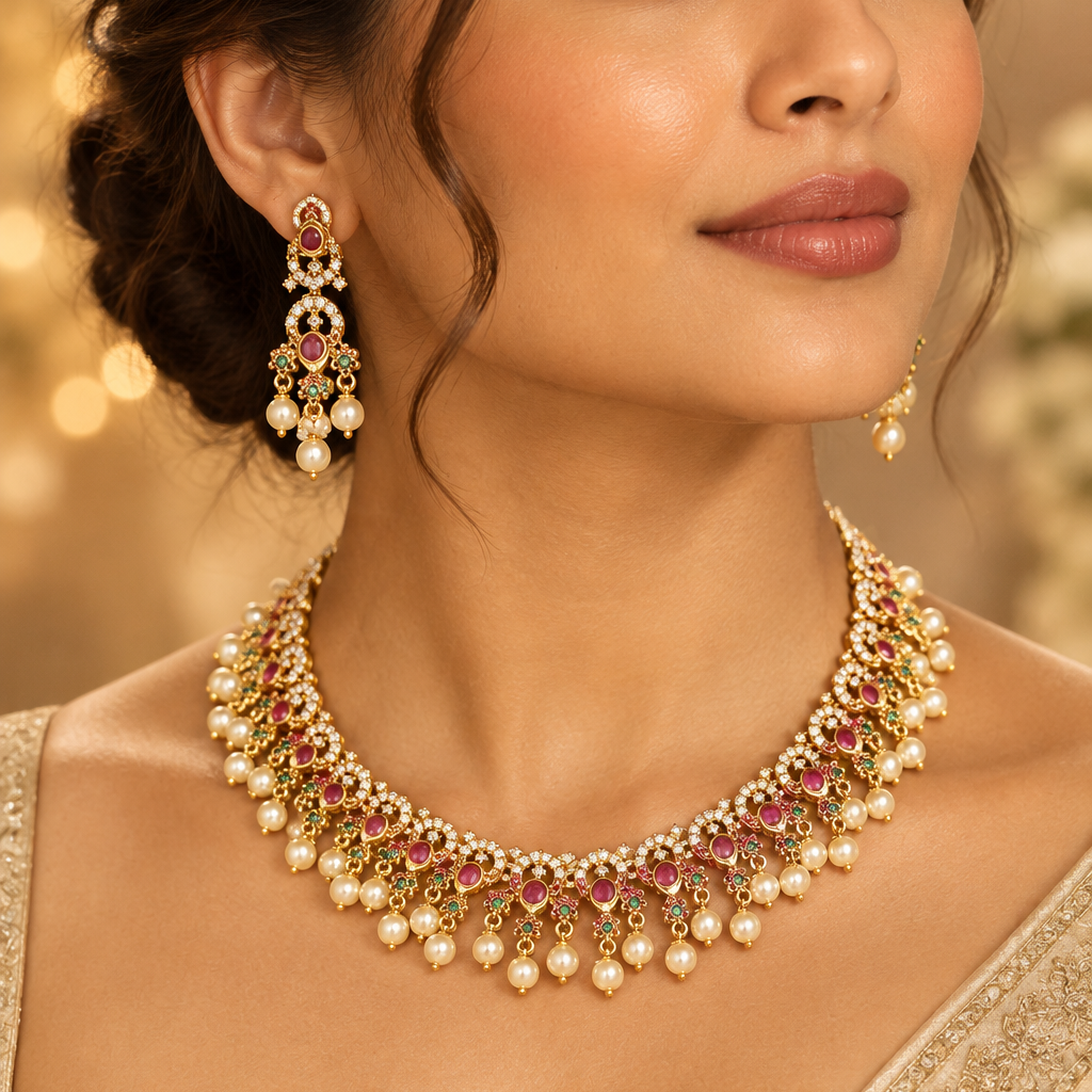 Gold Pearl Hanging Necklace Set