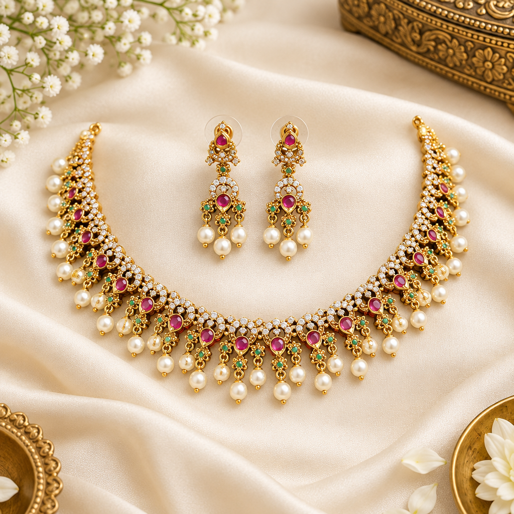 Gold Pearl Hanging Necklace Set