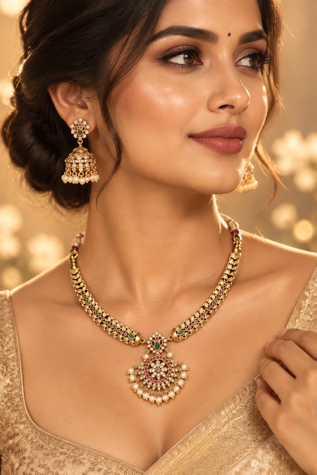 Gold Pearl Hasli Necklace Set