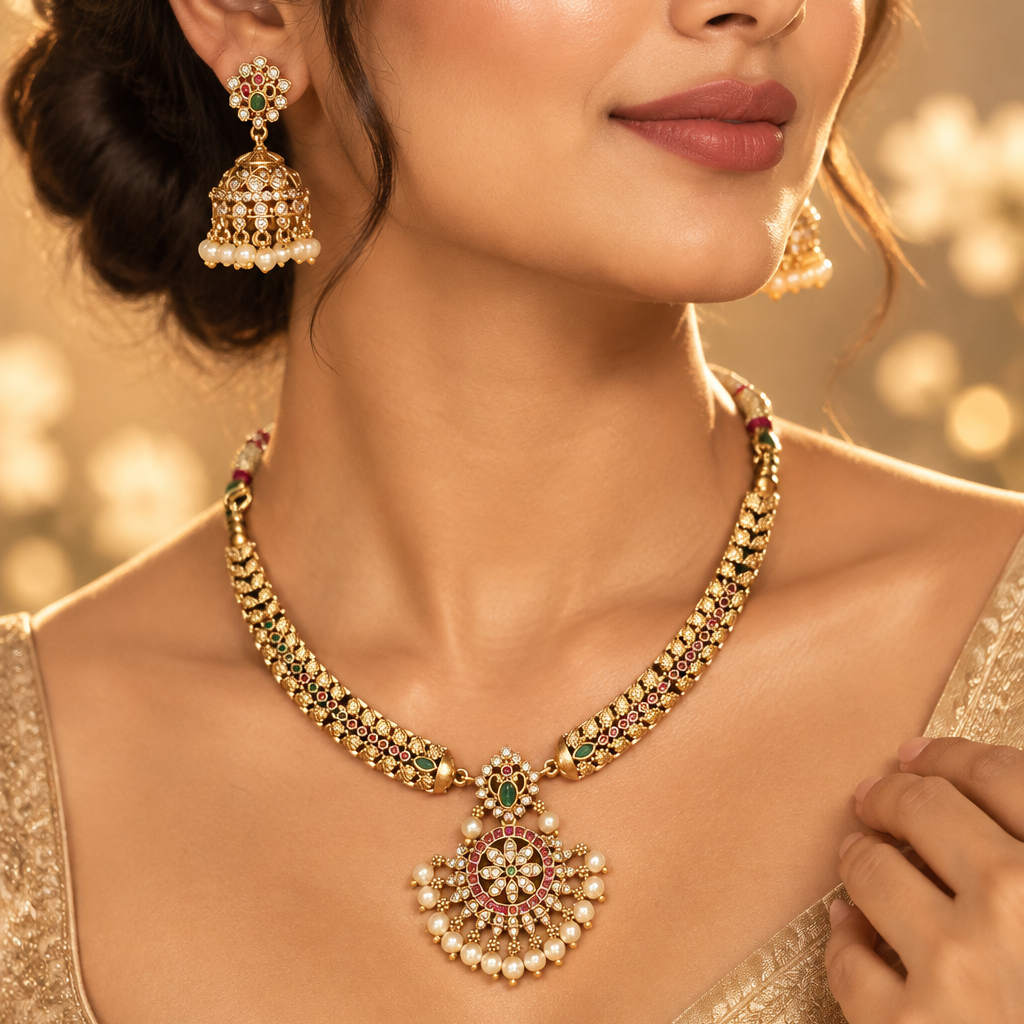 Gold Pearl Hasli Necklace Set