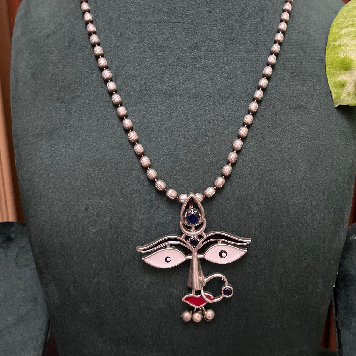 Silver Durga Necklace Set with Nose Pin