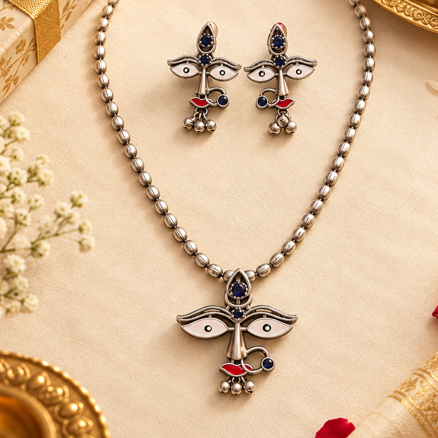 Silver Durga Necklace Set with Nose Pin