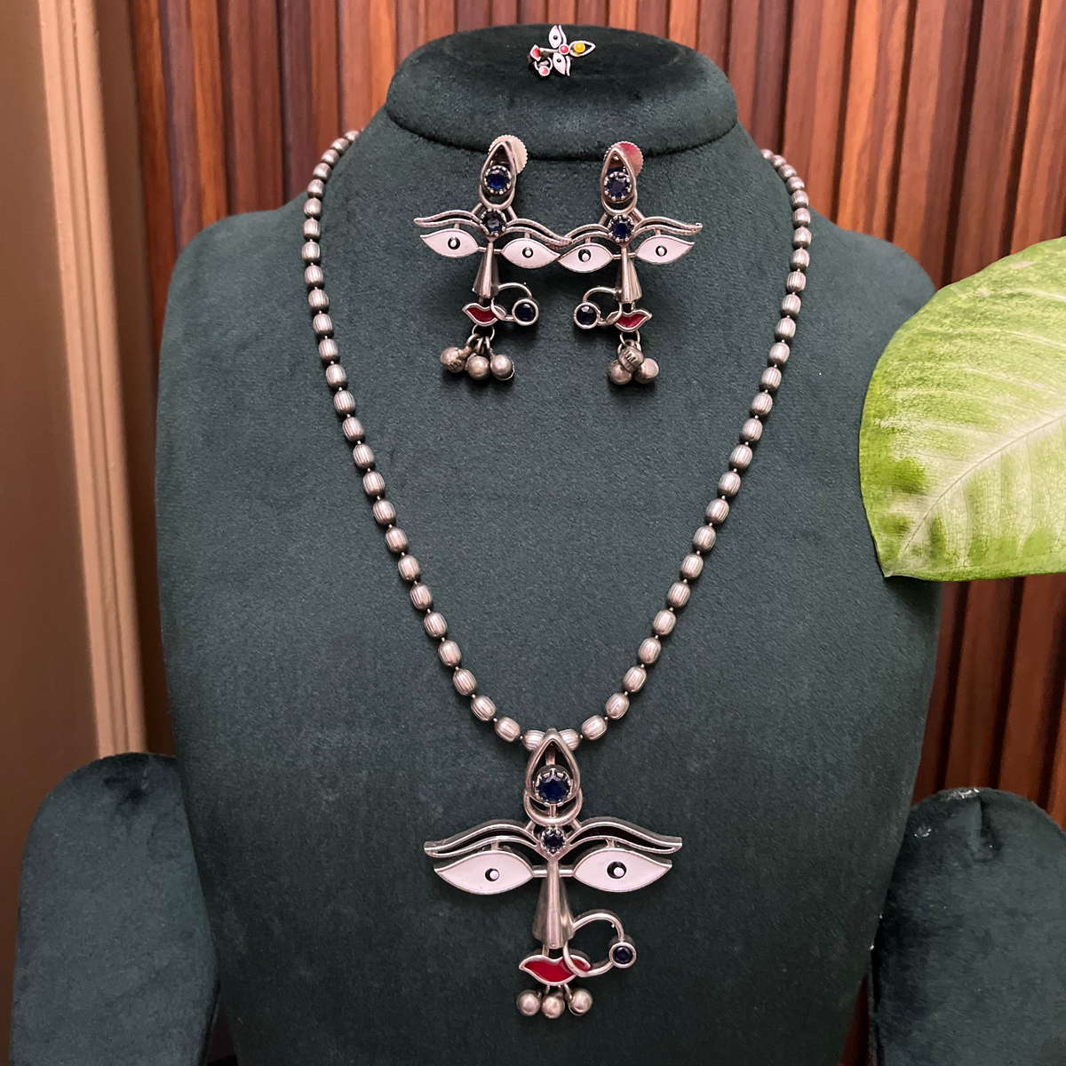 Silver Durga Necklace Set with Nose Pin