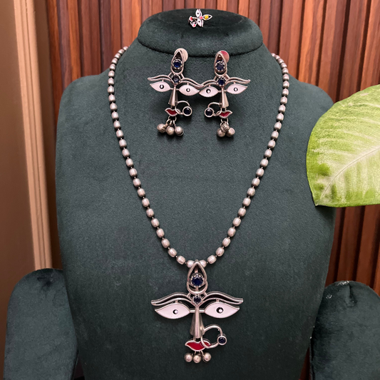 Silver Durga Necklace Set with Nose Pin