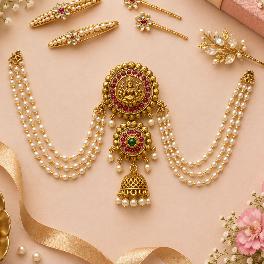 Drop Jhumka with Pearl Hair Accessorie