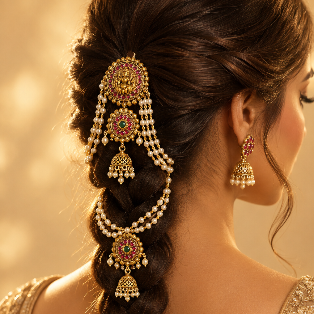 Drop Jhumka with Pearl Hair Accessorie