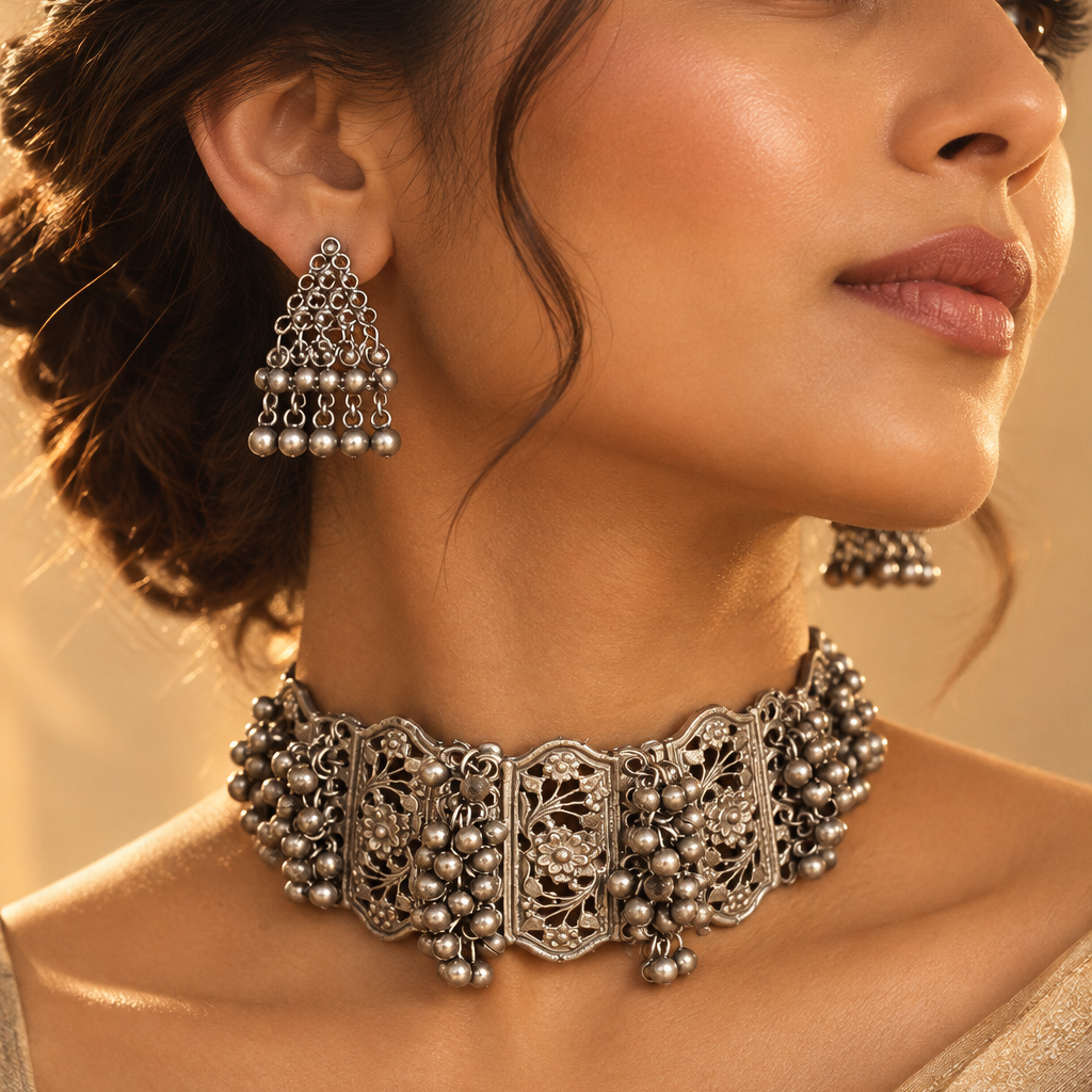 Oxidised Thread Necklace Set