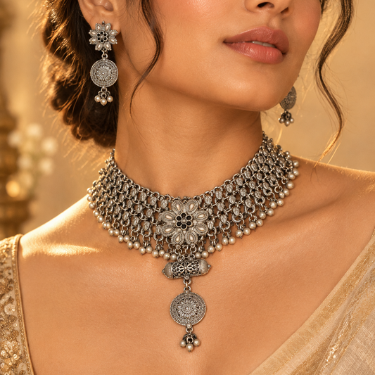 Oxidised Drop Pendant Necklace Set
