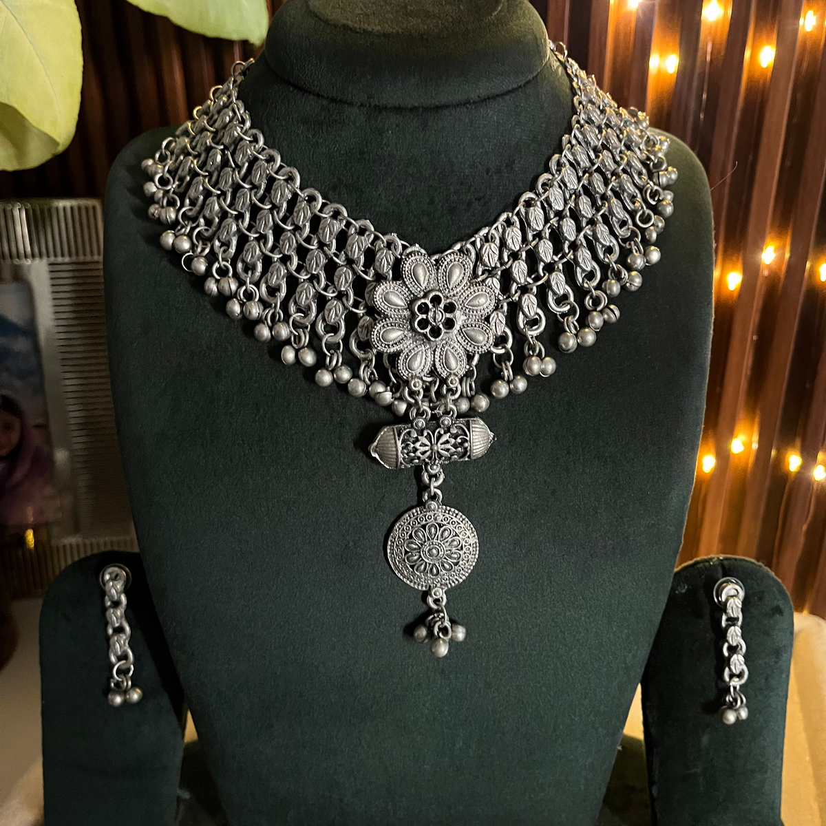 Oxidised Drop Pendant Necklace Set