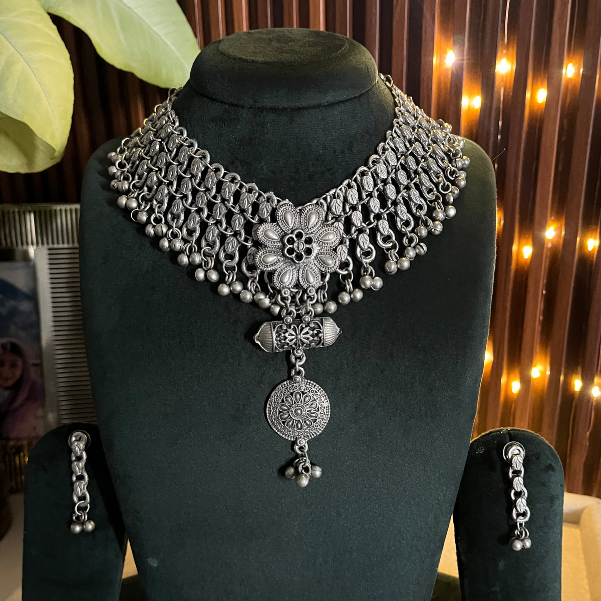 Oxidised Drop Pendant Necklace Set