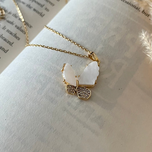 AD Studded White MOP Butterfly Necklace
