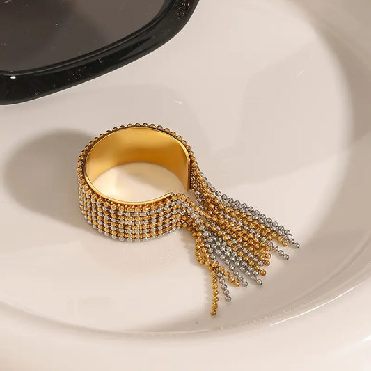 Dual Tone Beaded Tassel Ring