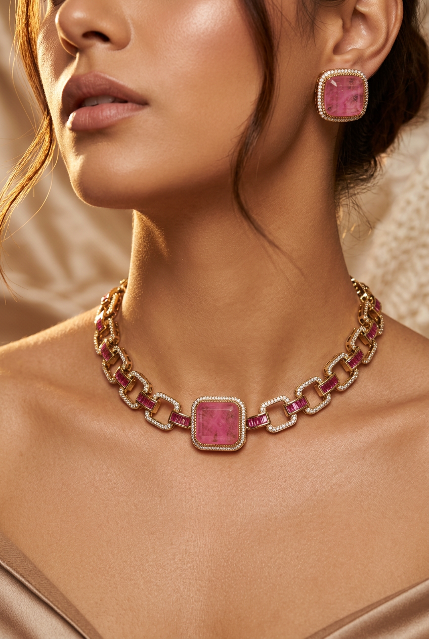 Pink Stone Choker Necklace Set
