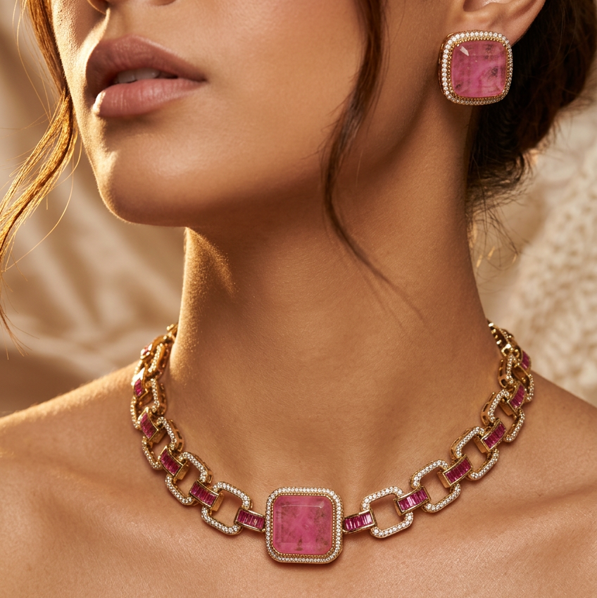 Pink Stone Choker Necklace Set