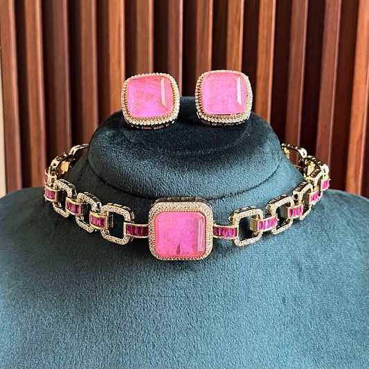 Pink Stone Choker Necklace Set