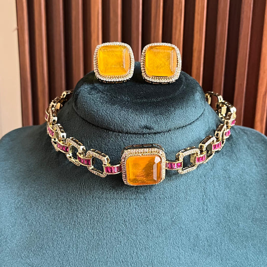 Yellow Stone Choker Necklace Set