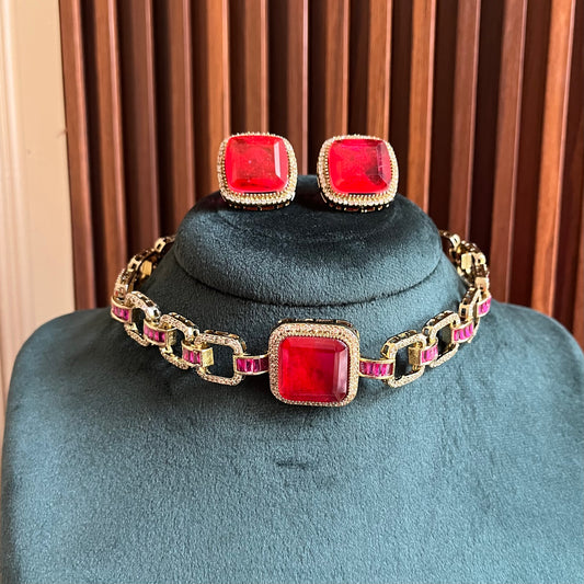 Red Stone Choker Necklace Set