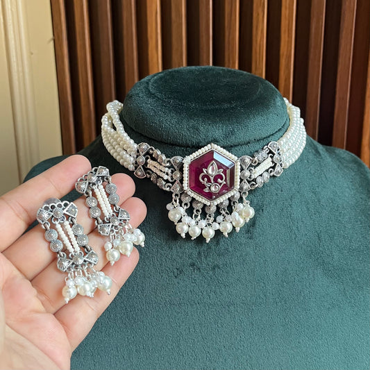 Pearl Stone Choker Necklace Set
