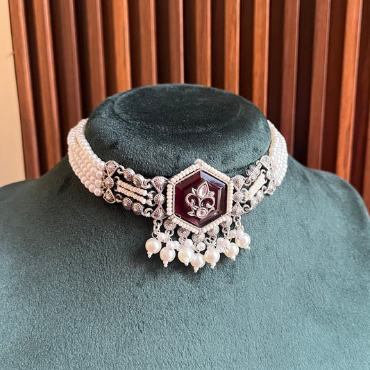 Pearl Stone Choker Necklace Set