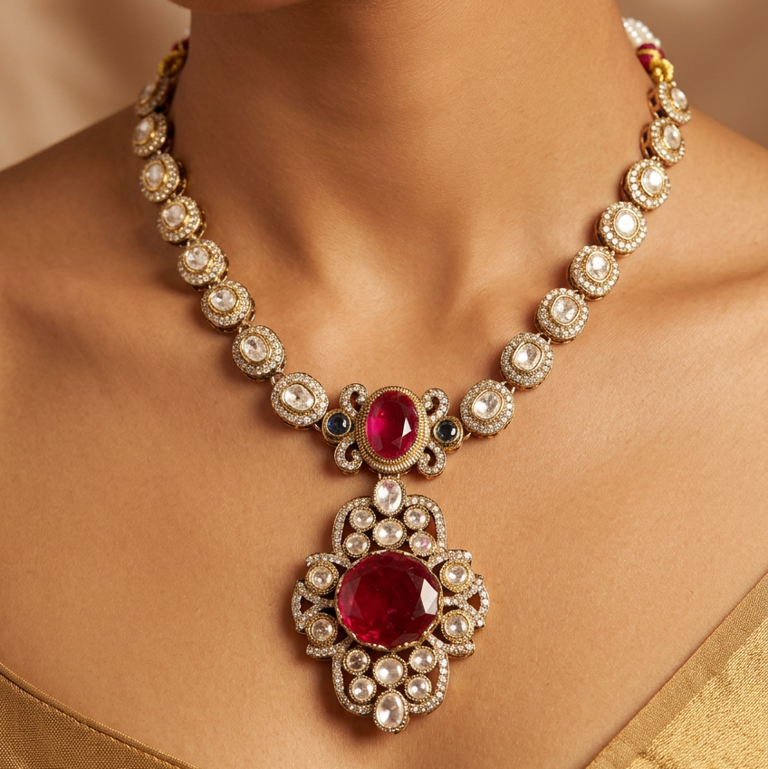 Moissanite Ruby Pink Necklace Set