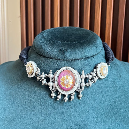 Dual Tone Stone Thread Necklace Set